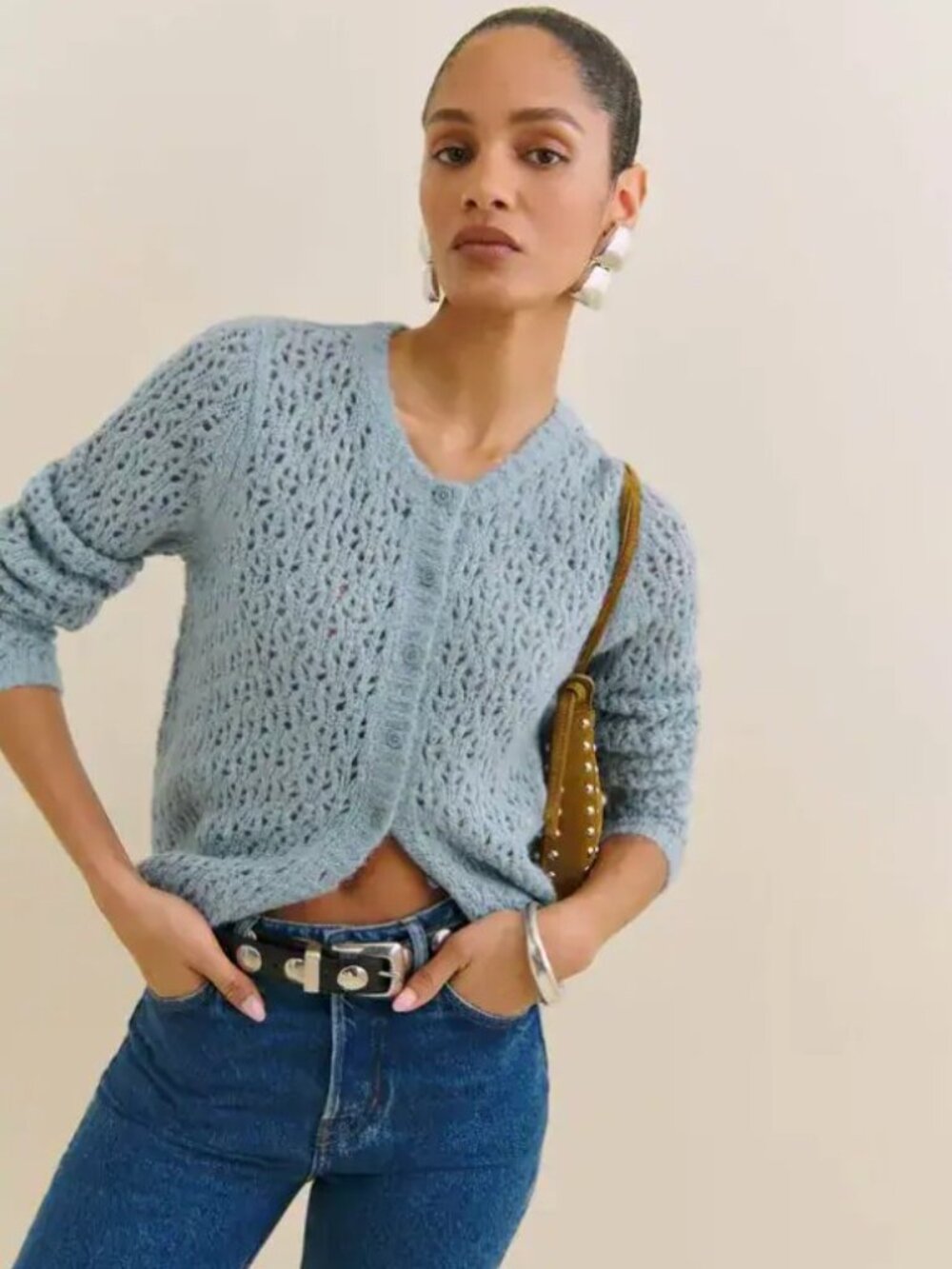 Clara Crew Cardigan in Mineral Pointelle, size Small
